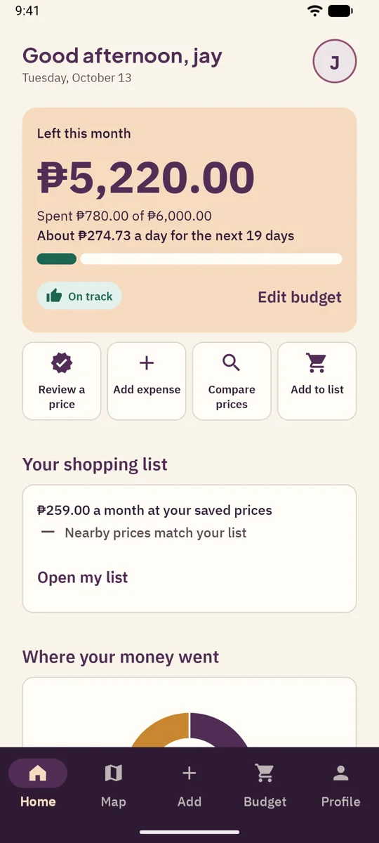 FeedBook home screen with money left this month and the shopping list