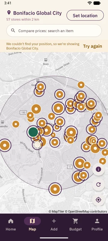 FeedBook map of stores with logged prices around Bonifacio Global City
