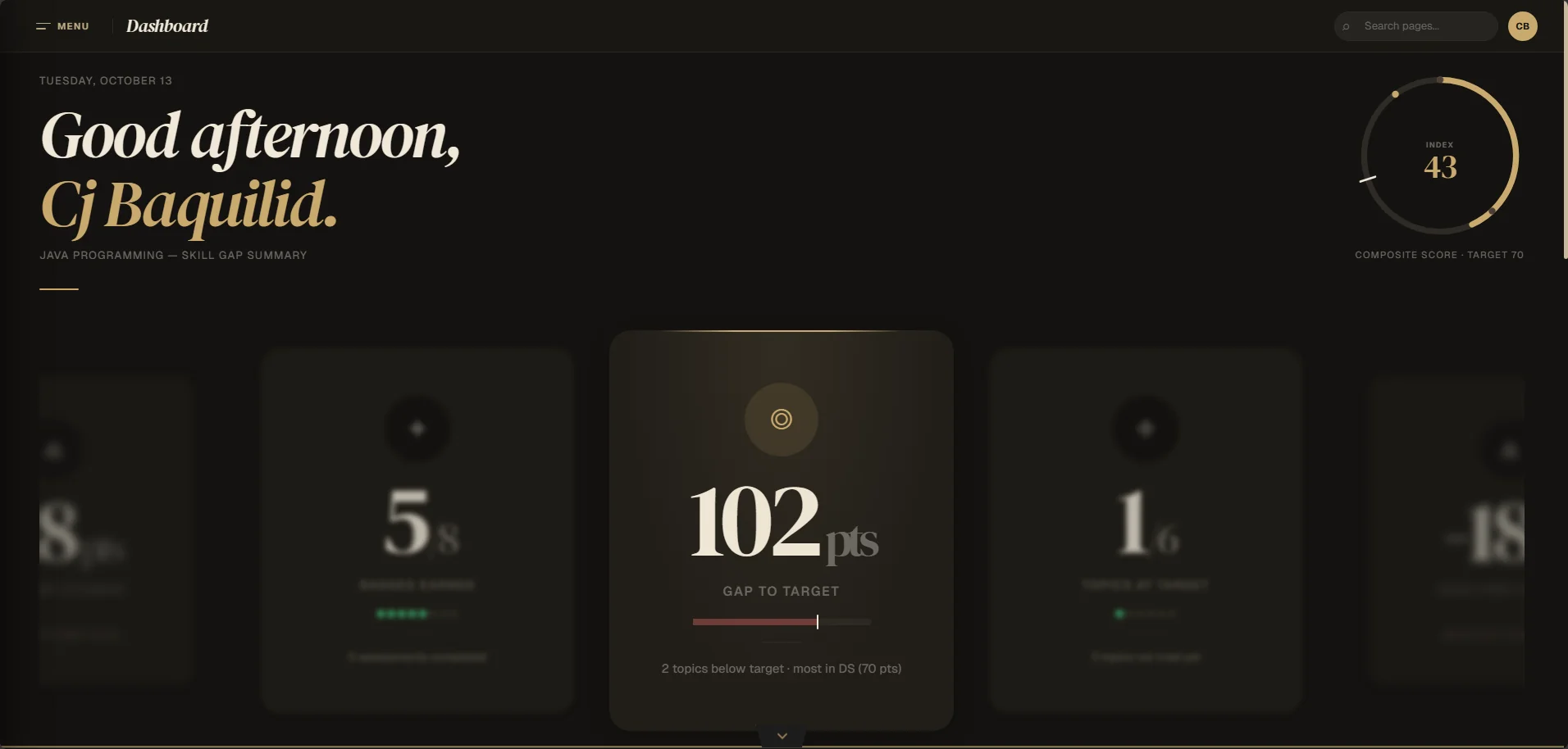 SkillGap dashboard showing a composite score and gap to target